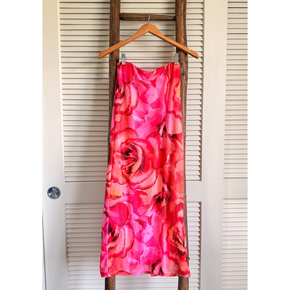 Windsor Fuchsia Floral Mesh Maxi Skirt Large Pink Summer Boho NWT